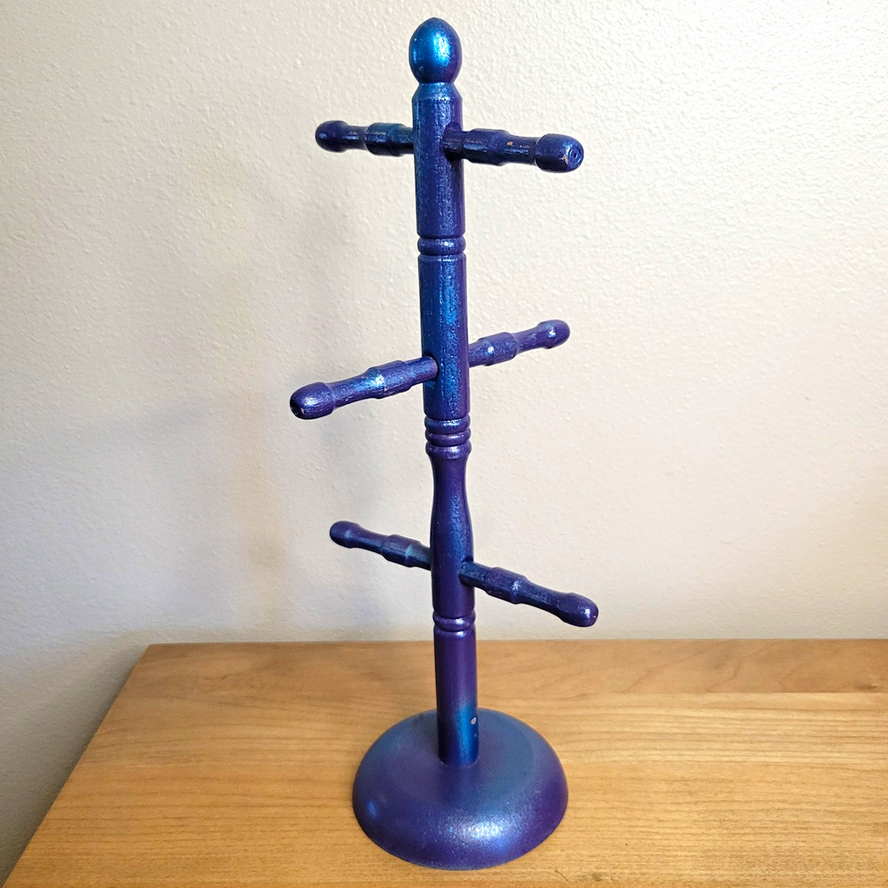 Vintage Wood Coffee Mug Tree Stand Holds 6 Mugs Purple Upcycle Project 14.5"